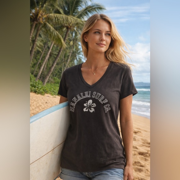 Blue 84 Tops - Blue 84 Black Hanalei Surf Co. Women’s Cotton V-Neck Tee‎ XL
